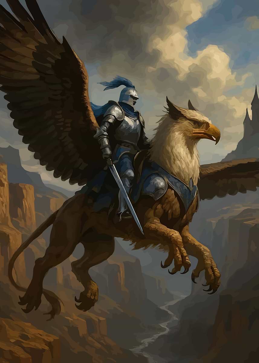 Giraffe Knight Riding 'Knight Riding a Griffin' Poster, picture, metal print, paint by Pro ...