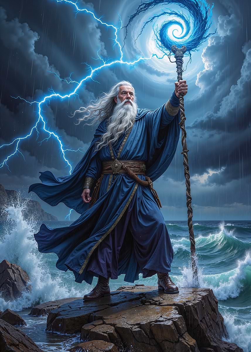 Wizard conjuring storm over the sea' Poster, picture, metal print