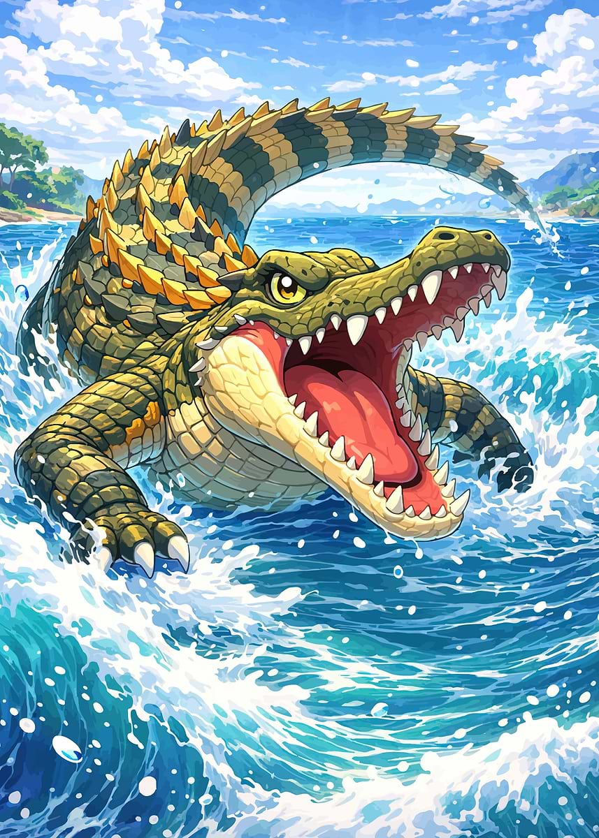 'Aggressive Crocodile in Water' Poster, picture, metal print, paint by ...