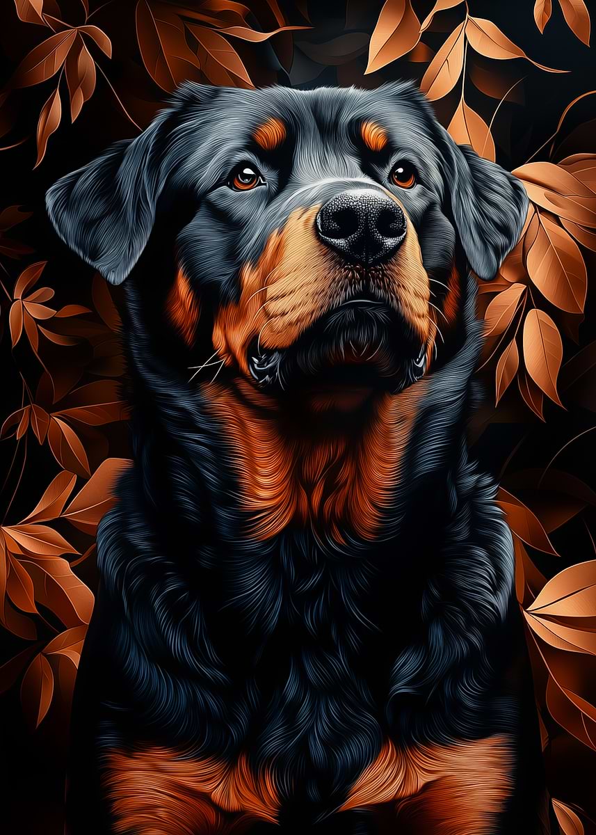 Hello Fall Scene Rottweiler 'Rottweiler Portrait with Autumn Leaves' Poster, picture, metal print ...