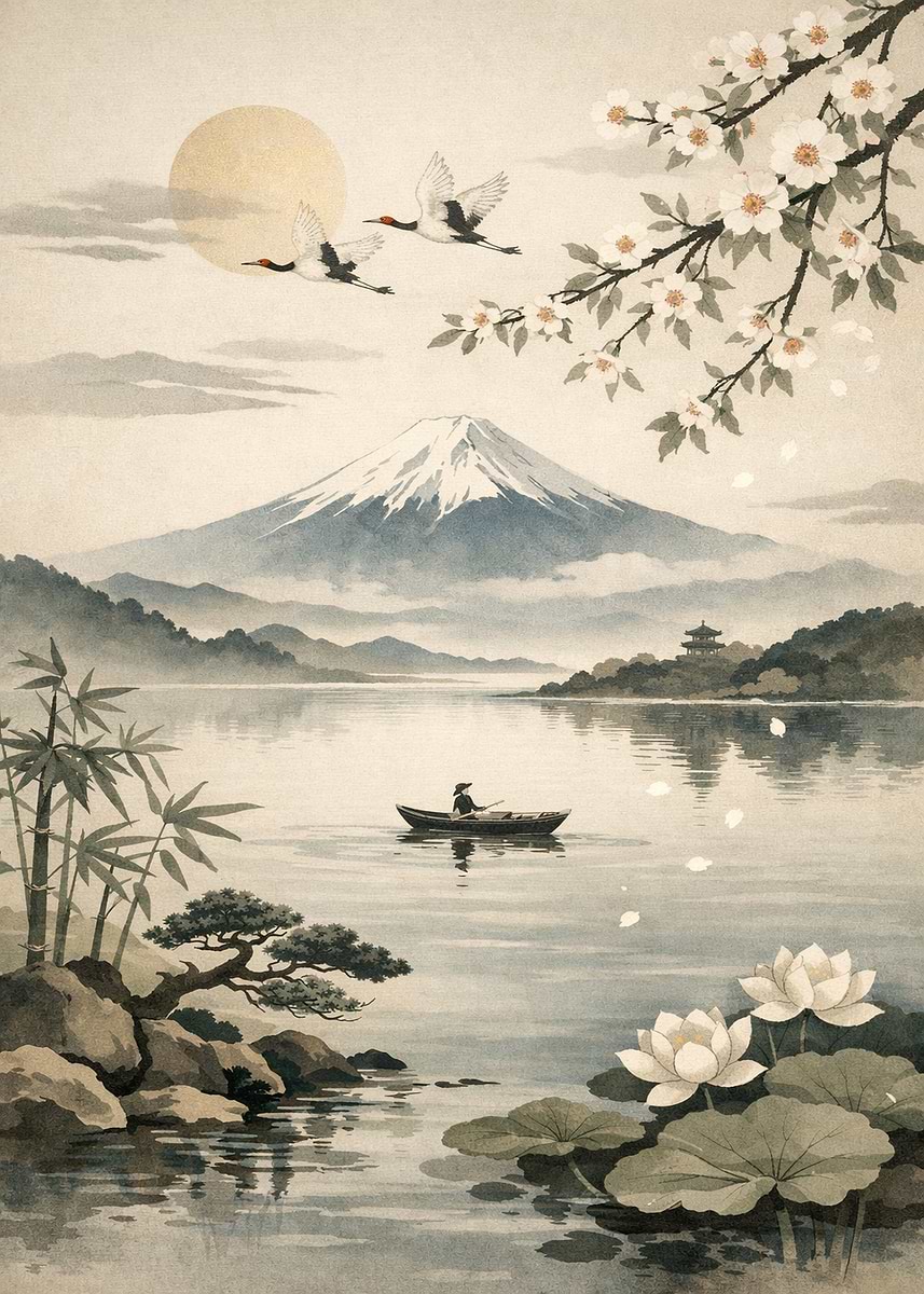 Serene Japanese Landscape with Mount Fuji' Poster, picture, metal
