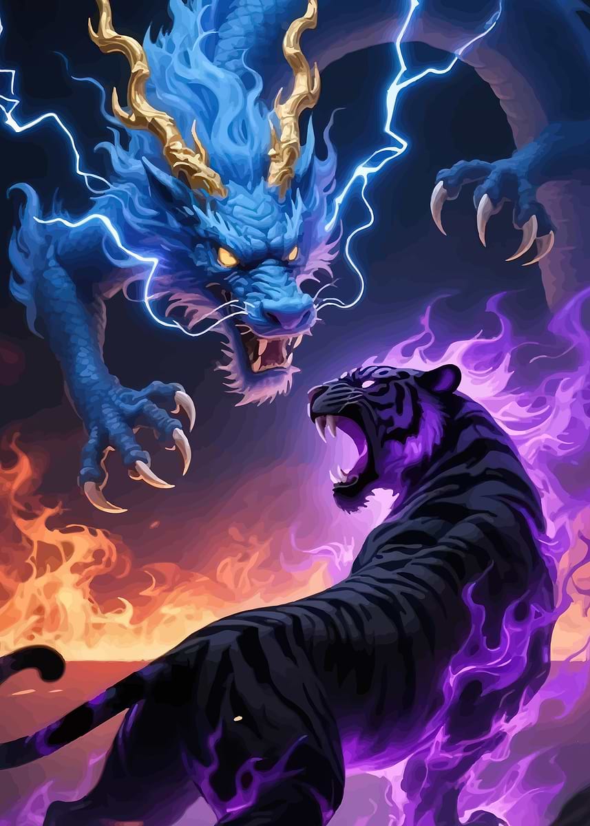 Dragon vs Tiger Battle' Poster, picture, metal print, paint by