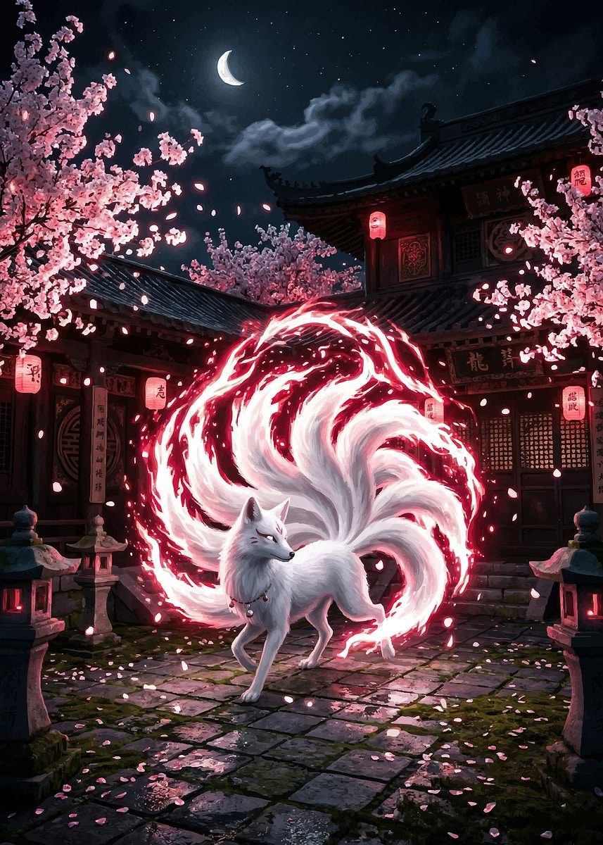 Nine-Tailed Fox Spirit in Japanese Garden' Poster, picture, metal