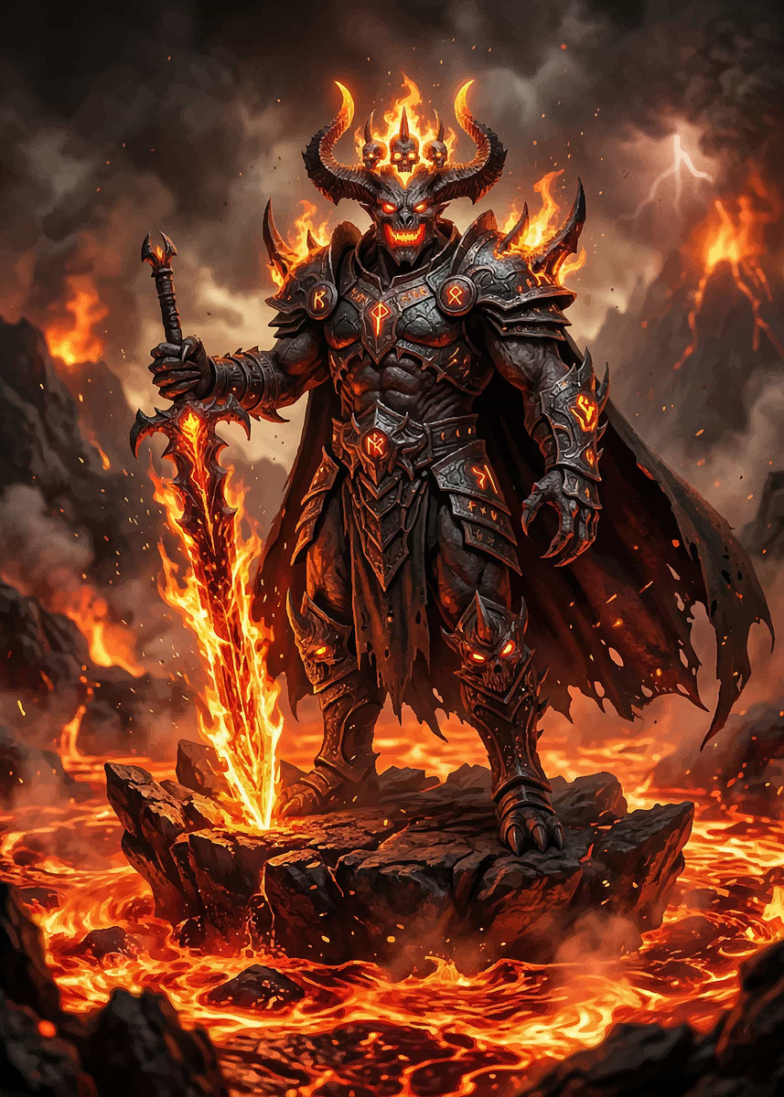 'Fiery Demon Warrior with Sword' Poster, picture, metal print, paint by ...
