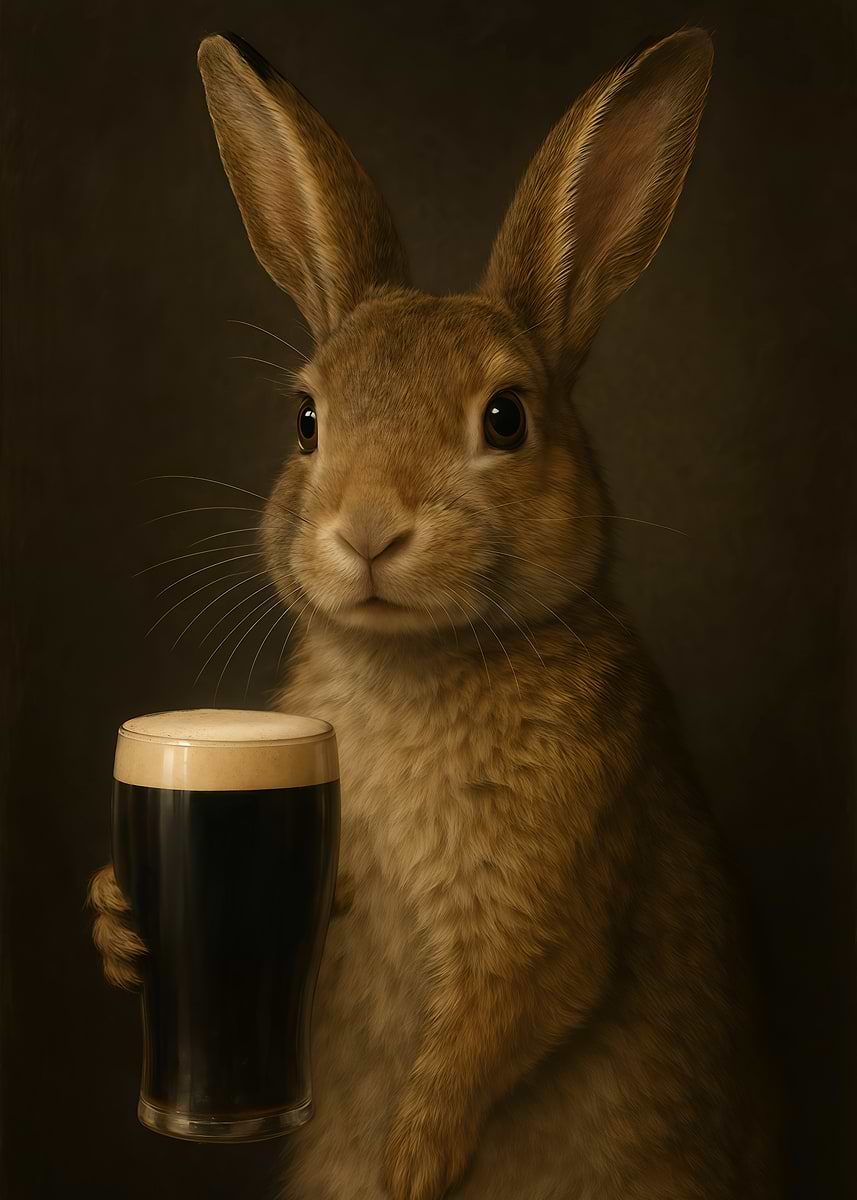 'Rabbit Holding a Pint of Beer' Poster, picture, metal print, paint by ...
