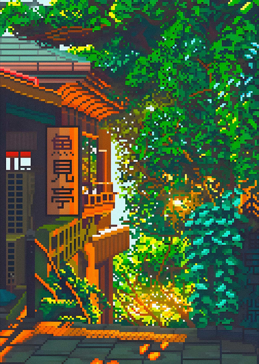Pixel Art Japanese Street Scene' Poster, picture, metal print