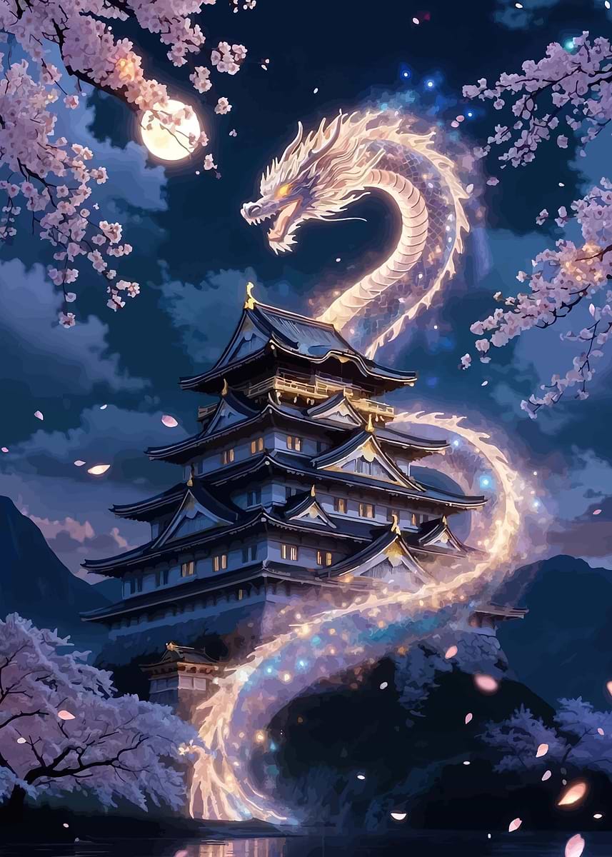 Dragon Over Japanese Castle' Poster, picture, metal print, paint