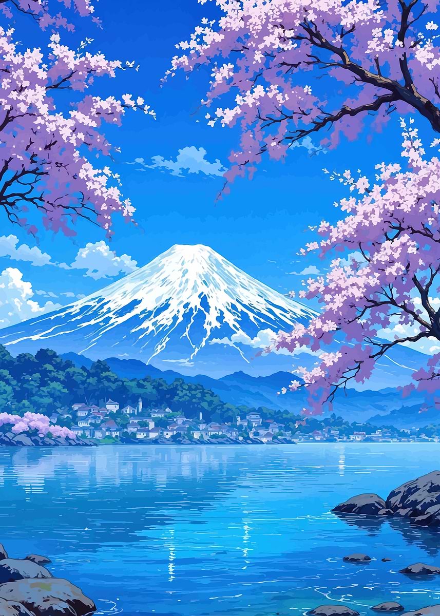 Mount Fuji with Cherry Blossoms' Poster, picture, metal print