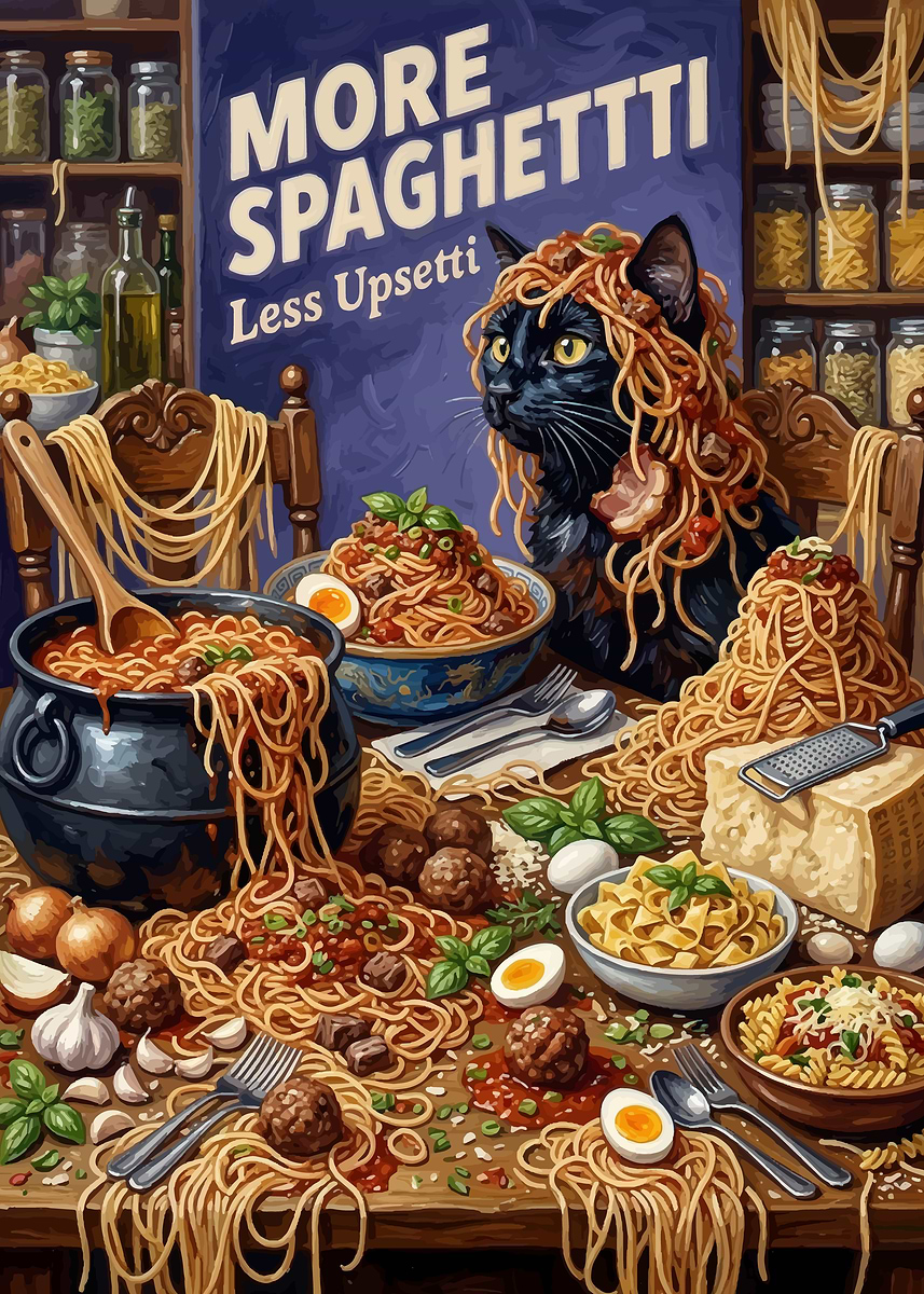 'Black Cat Covered in Spaghetti' Poster, picture, metal print, paint by ...