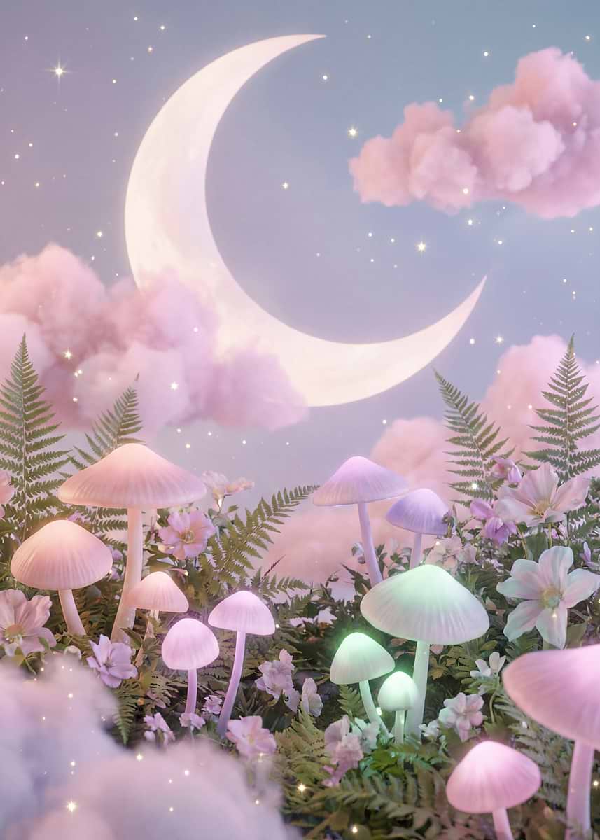 'Enchanted Mushroom Forest Under a Crescent Moon' Poster, picture ...