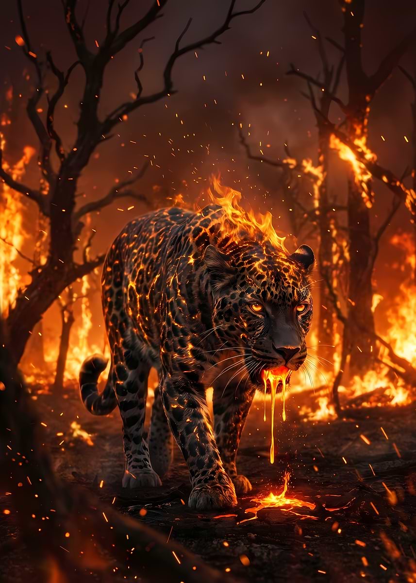 'Fiery Leopard in Burning Forest' Poster, picture, metal print, paint ...
