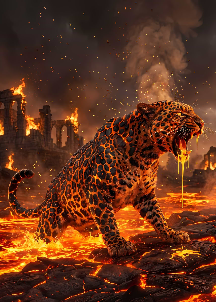 'Lava Leopard in Fiery Ruins' Poster, picture, metal print, paint by ...