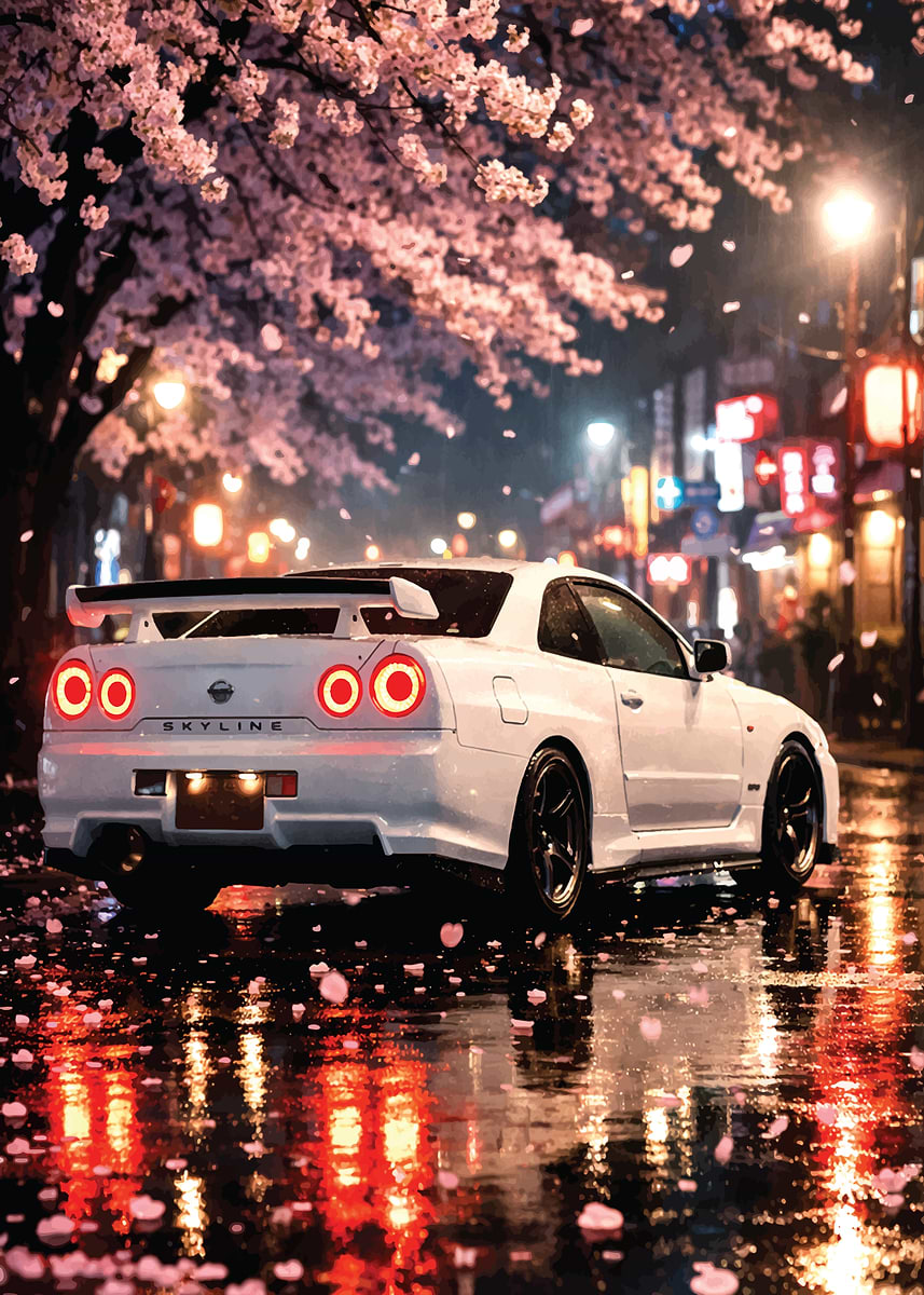 JDM R34 in Cherry Blossom Rain' Poster, picture, metal print