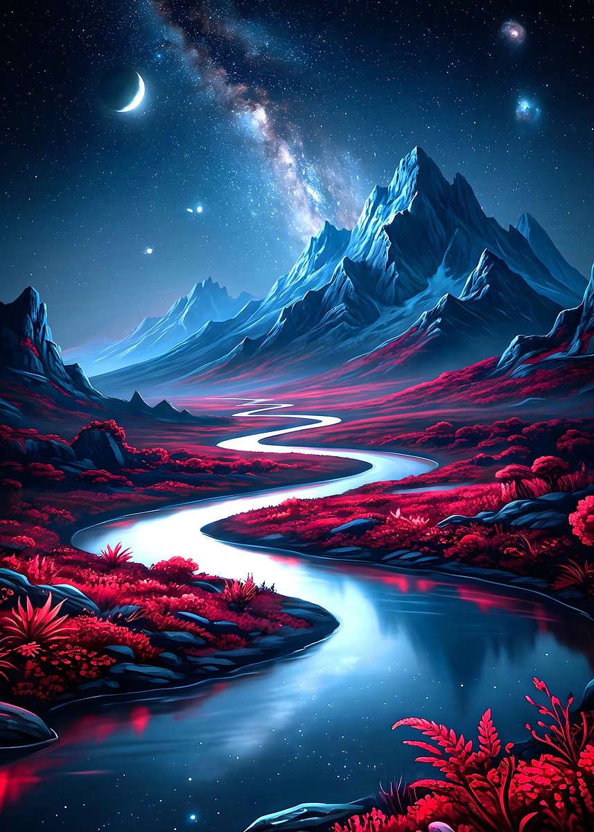 'Alien Landscape with River and Mountains' Poster, picture, metal print ...
