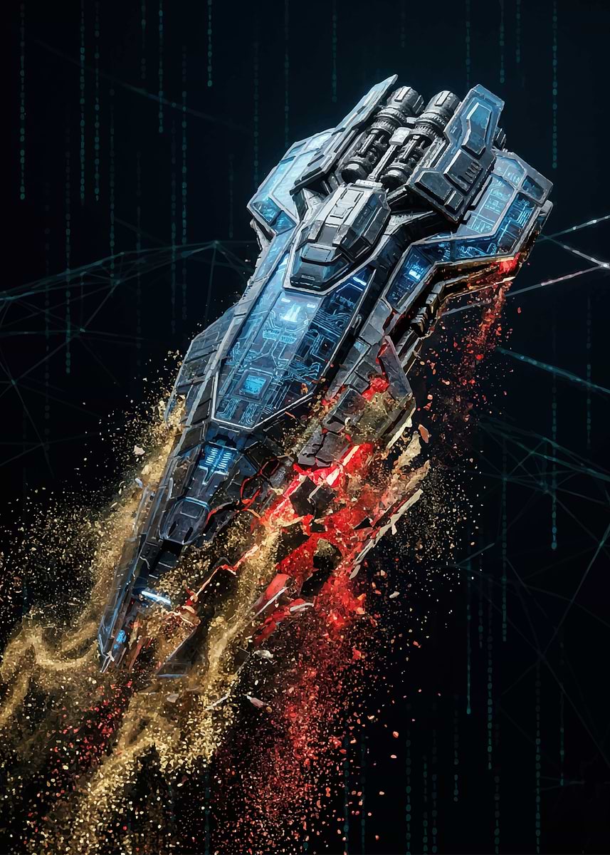 'Exploding Spaceship with Digital Background' Poster, picture, metal ...