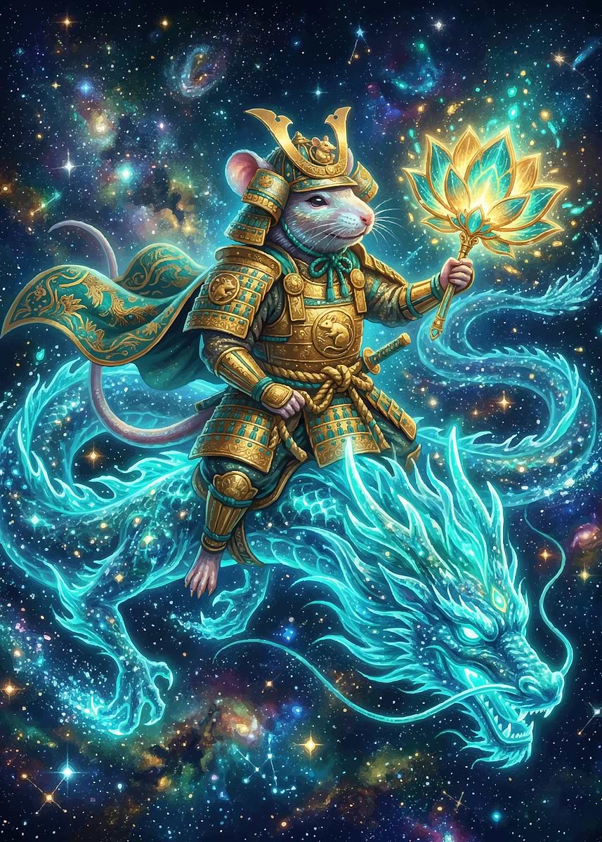 Mouse God 'Samurai Mouse Riding a Cosmic Dragon' Poster, picture, metal print ...