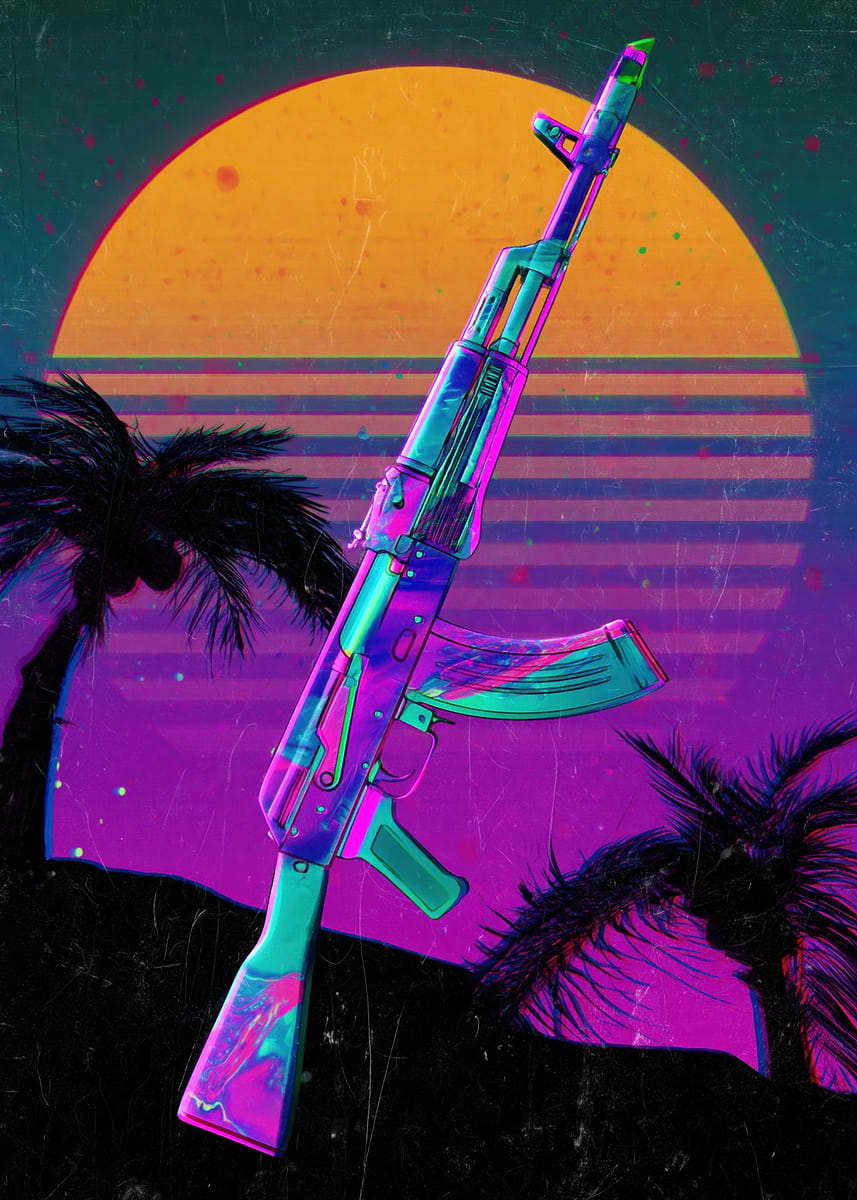 Retro AK-47 Sunset Palm Trees' Poster, picture, metal print, paint