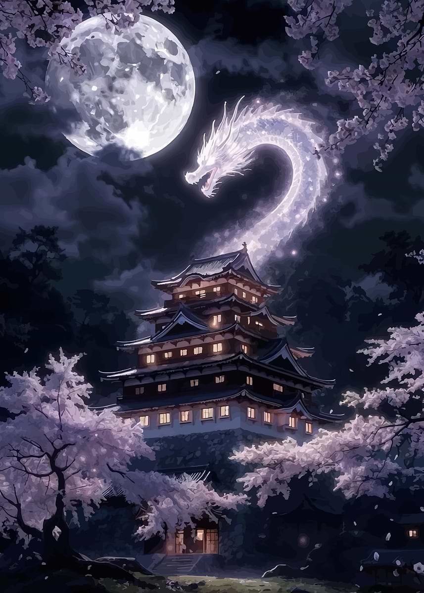 Dragon over Japanese Castle at Night' Poster, picture, metal print