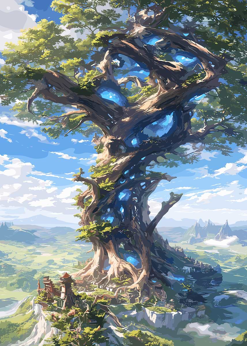 Enchanted World Tree with Glowing Crystals' Poster, picture, metal