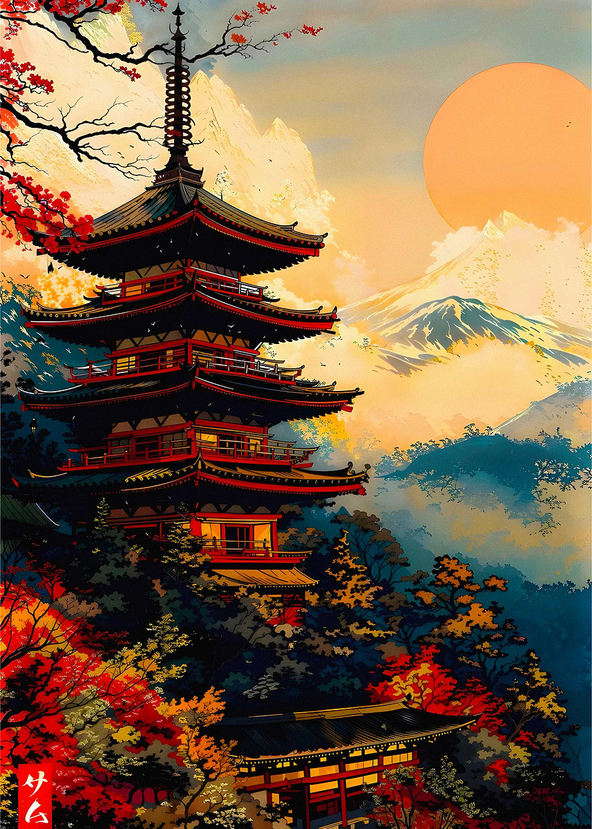 Japanese Pagoda and Mount Fuji' Poster, picture, metal print