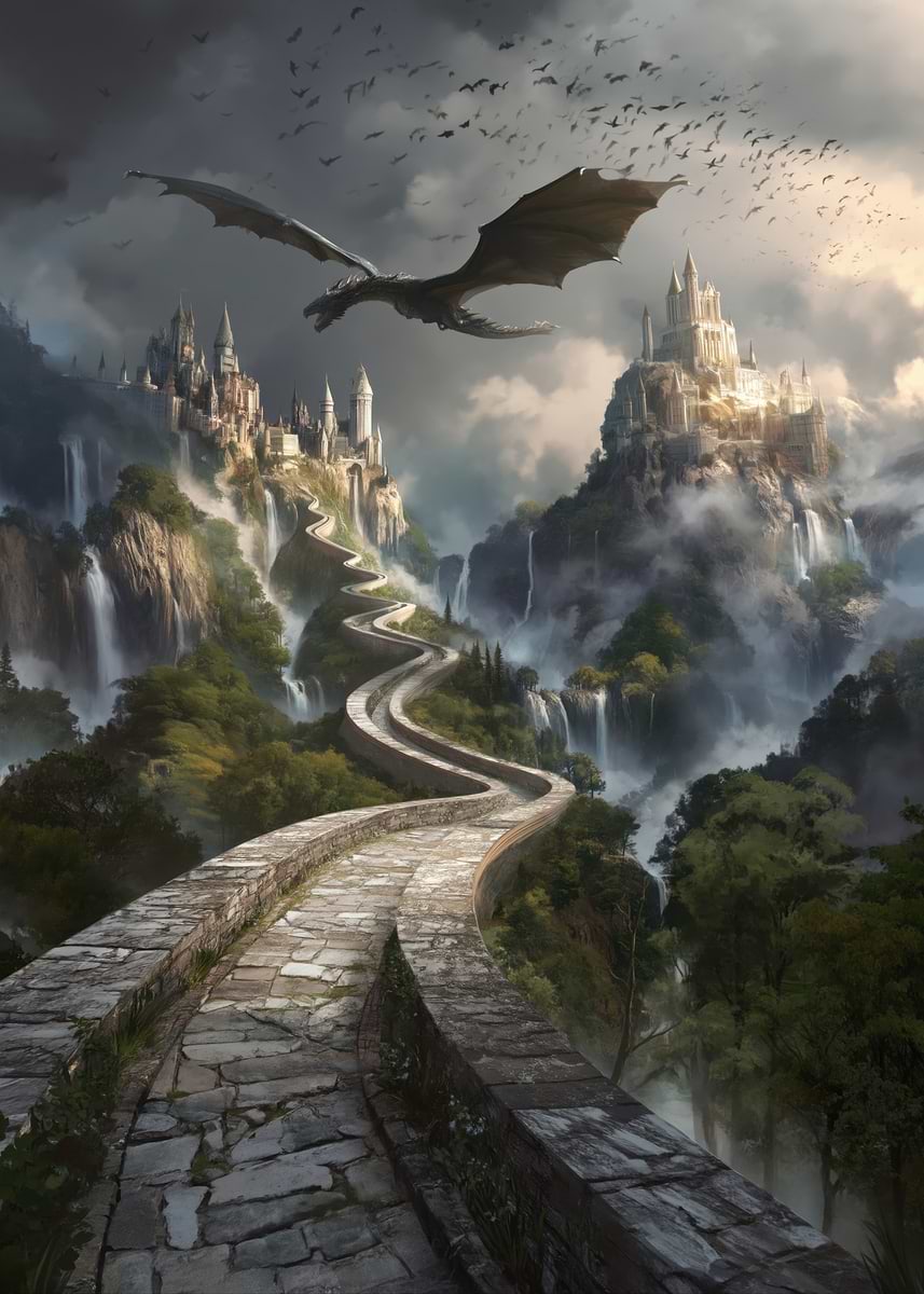 Dragon Flying over Fantasy Castles and Waterfalls' Poster, picture
