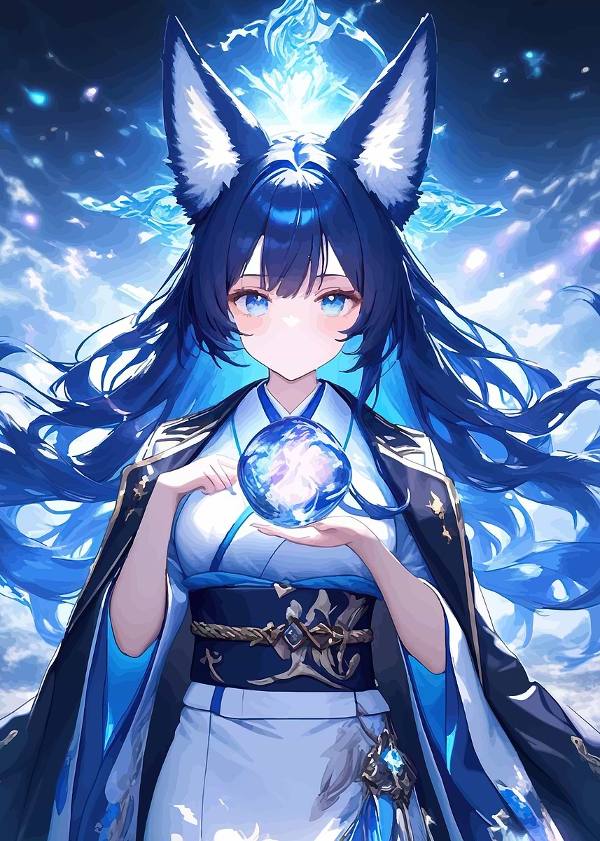 Anime Fox Girl Holding Crystal Ball' Poster, picture, metal print