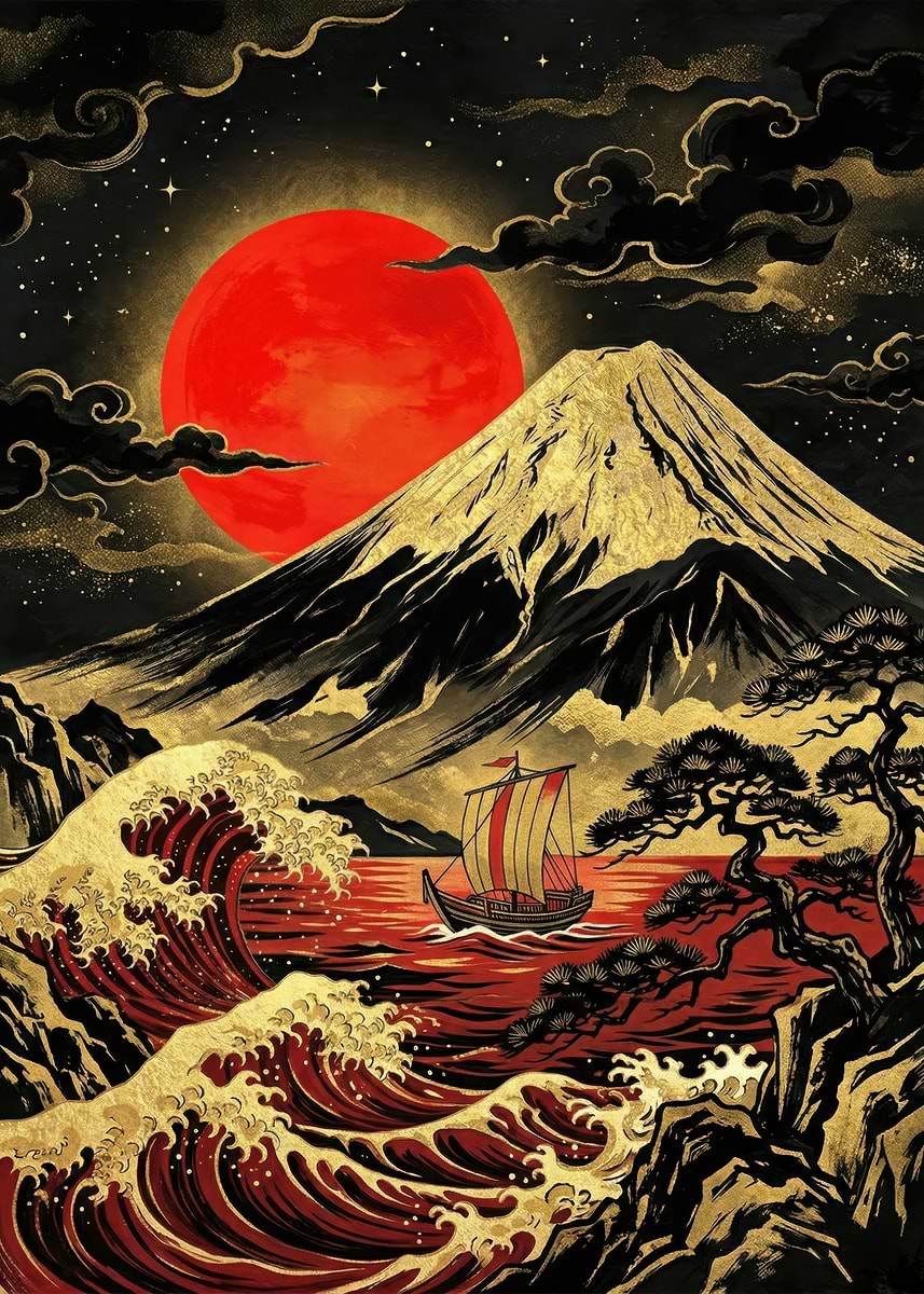 Mount Fuji with Red Sun and Ship' Poster, picture, metal print