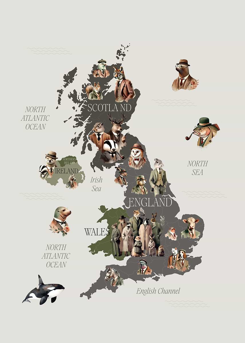 'Anthropomorphic Animals on a Map of the UK' Poster, picture, metal ...