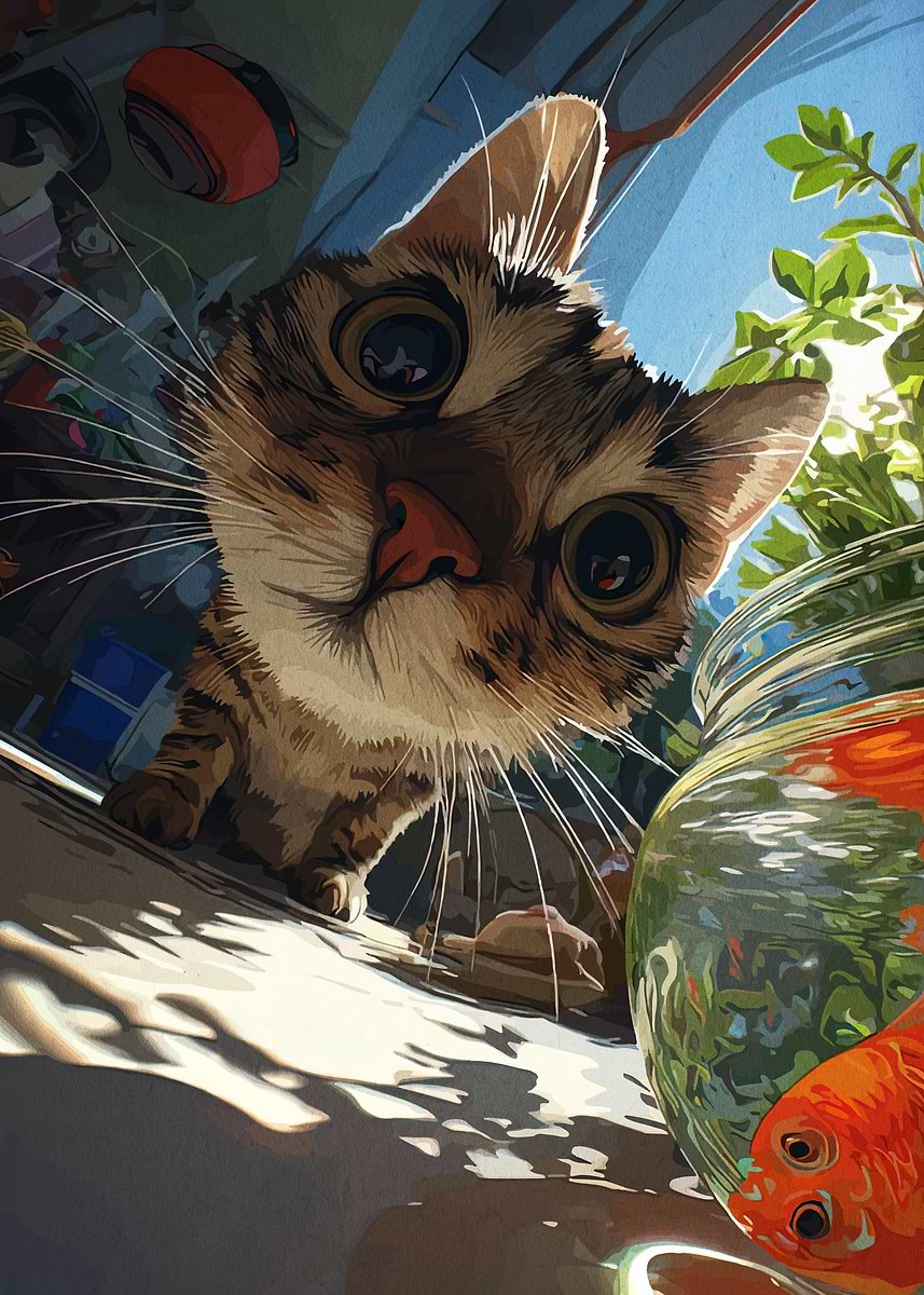 Curious Cat Peeking into Fishbowl' Poster, picture, metal print