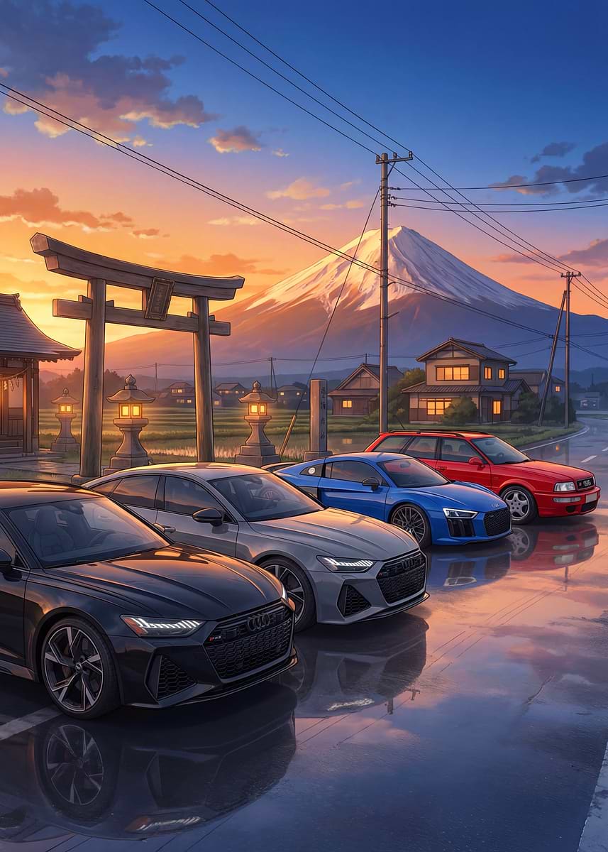 Sports Cars at Mount Fuji' Poster, picture, metal print, paint by