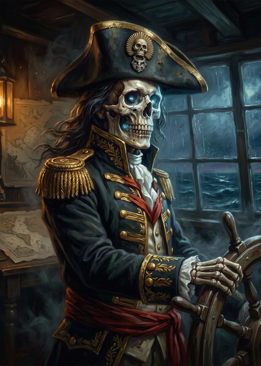 Skeleton Pirate Captain at the Helm' Poster, picture, metal print