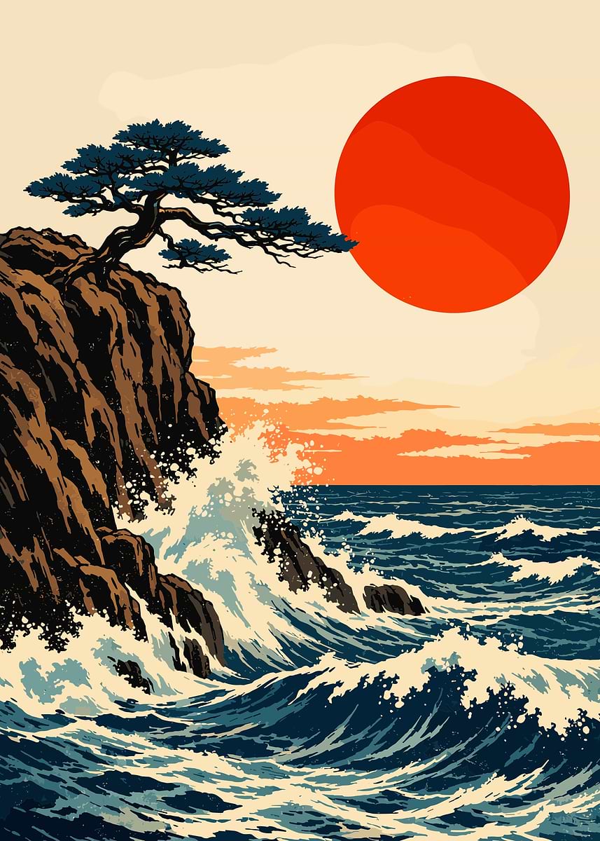 Vintage Japanese Wave Red Sun' Poster, picture, metal print, paint