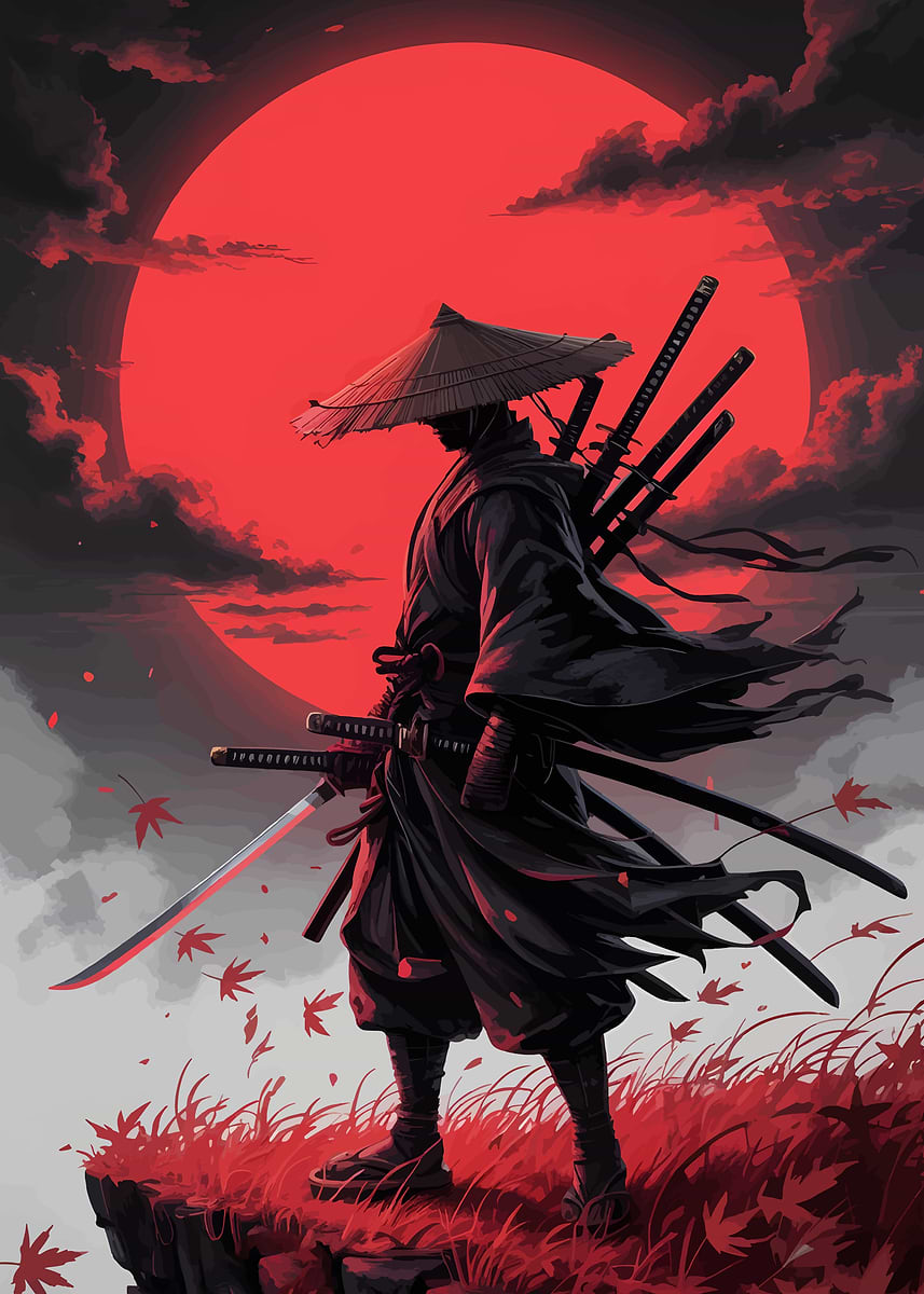 Samurai Warrior Under a Red Sun' Poster, picture, metal print
