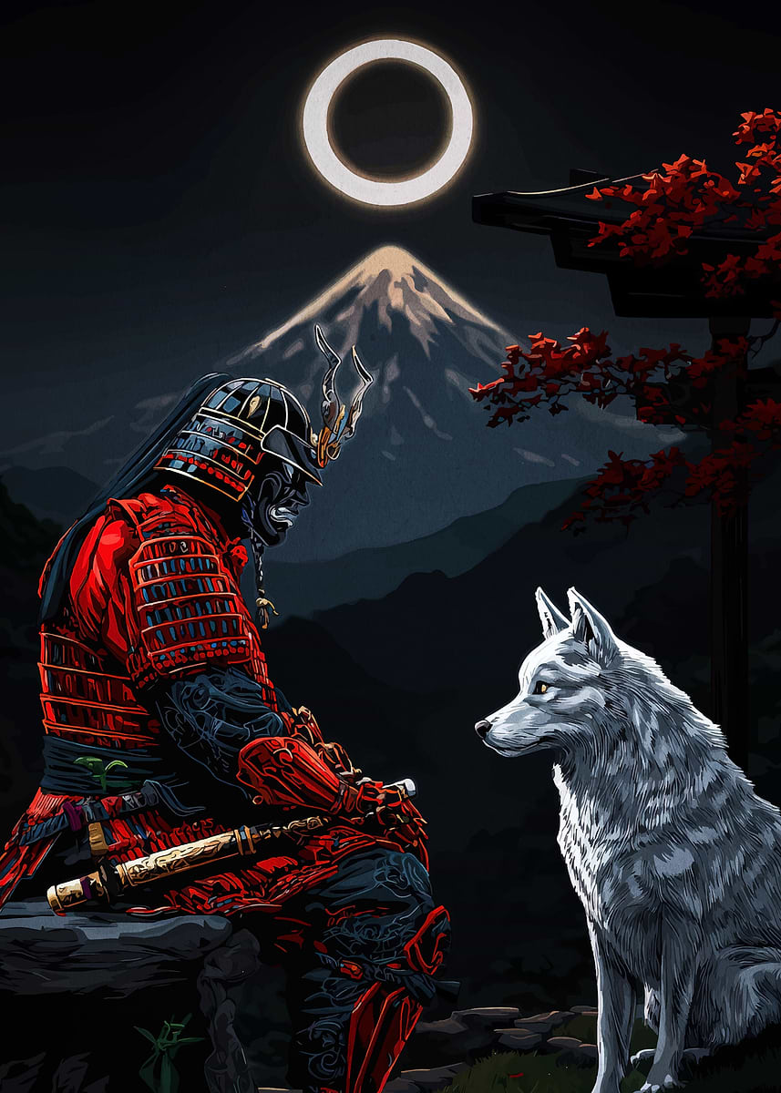 Samurai and Wolf Under Mount Fuji' Poster, picture, metal print