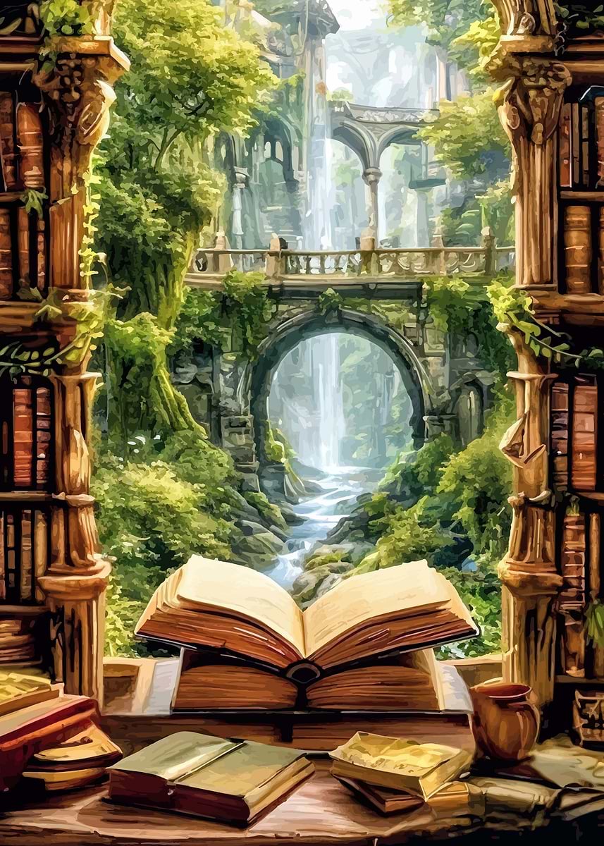 Library Ideas Waterfall 'Enchanted Library with Waterfall Archway' Poster, picture, metal print ...