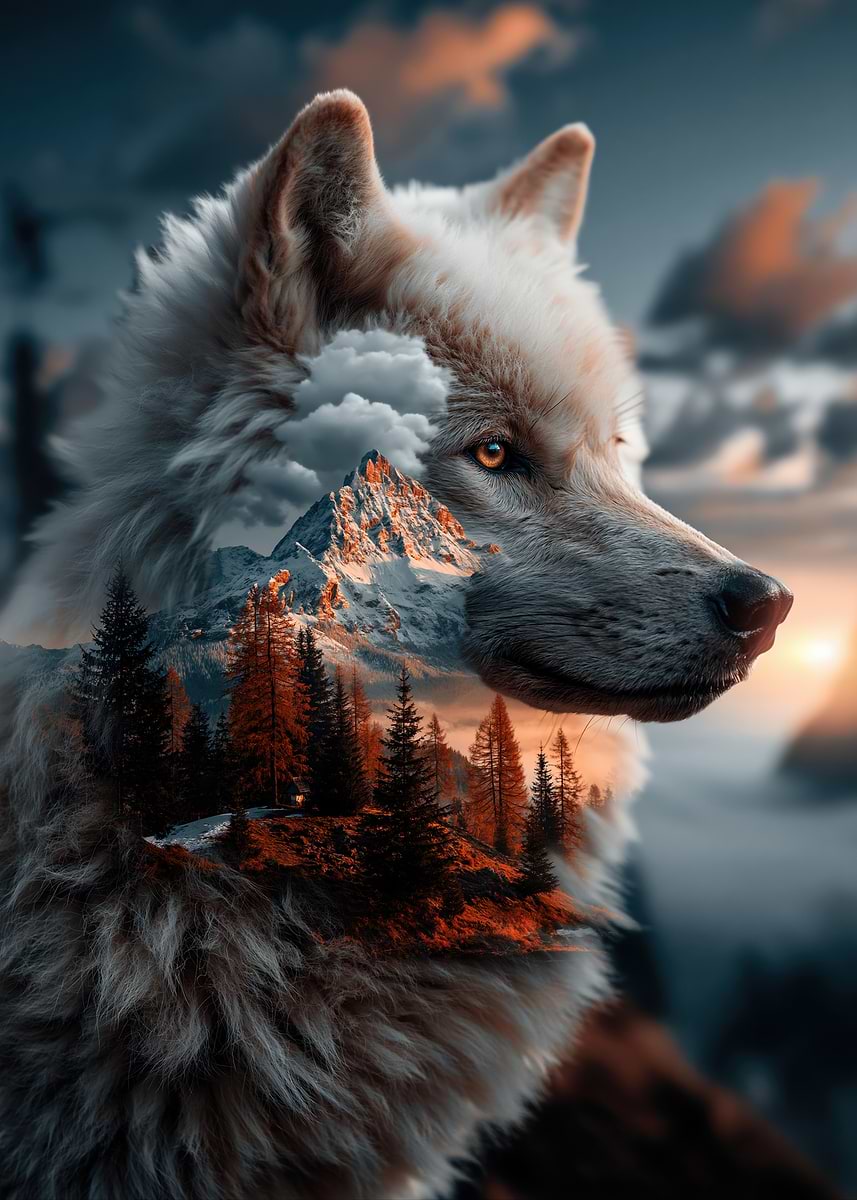 Wolf Double Exposure Landscape' Poster, picture, metal print