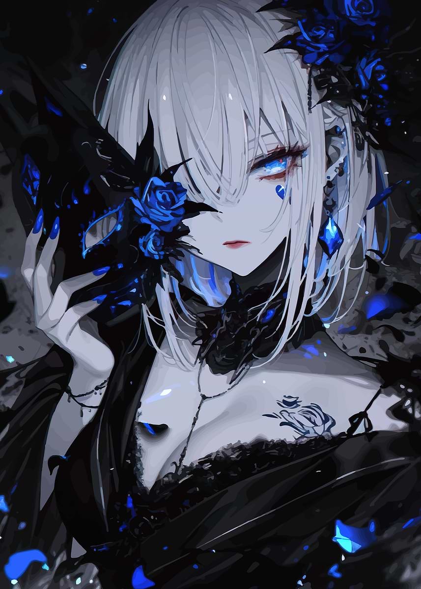 Gothic Anime Girl with Blue Roses' Poster, picture, metal print