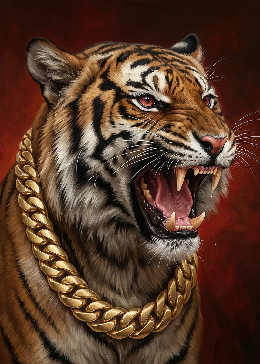 Tiger with Gold Chain' Poster, picture, metal print, paint by