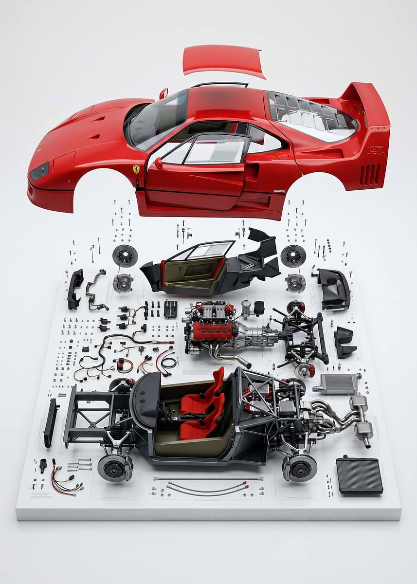 F40号油絵横たわる人体 Ferrari F40 Exploded View' Poster, picture, metal print, paint by
