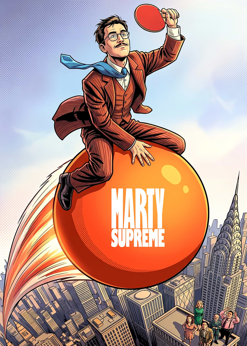 Marty Supreme Riding a Ping Pong Ball Over NYC' Poster, picture