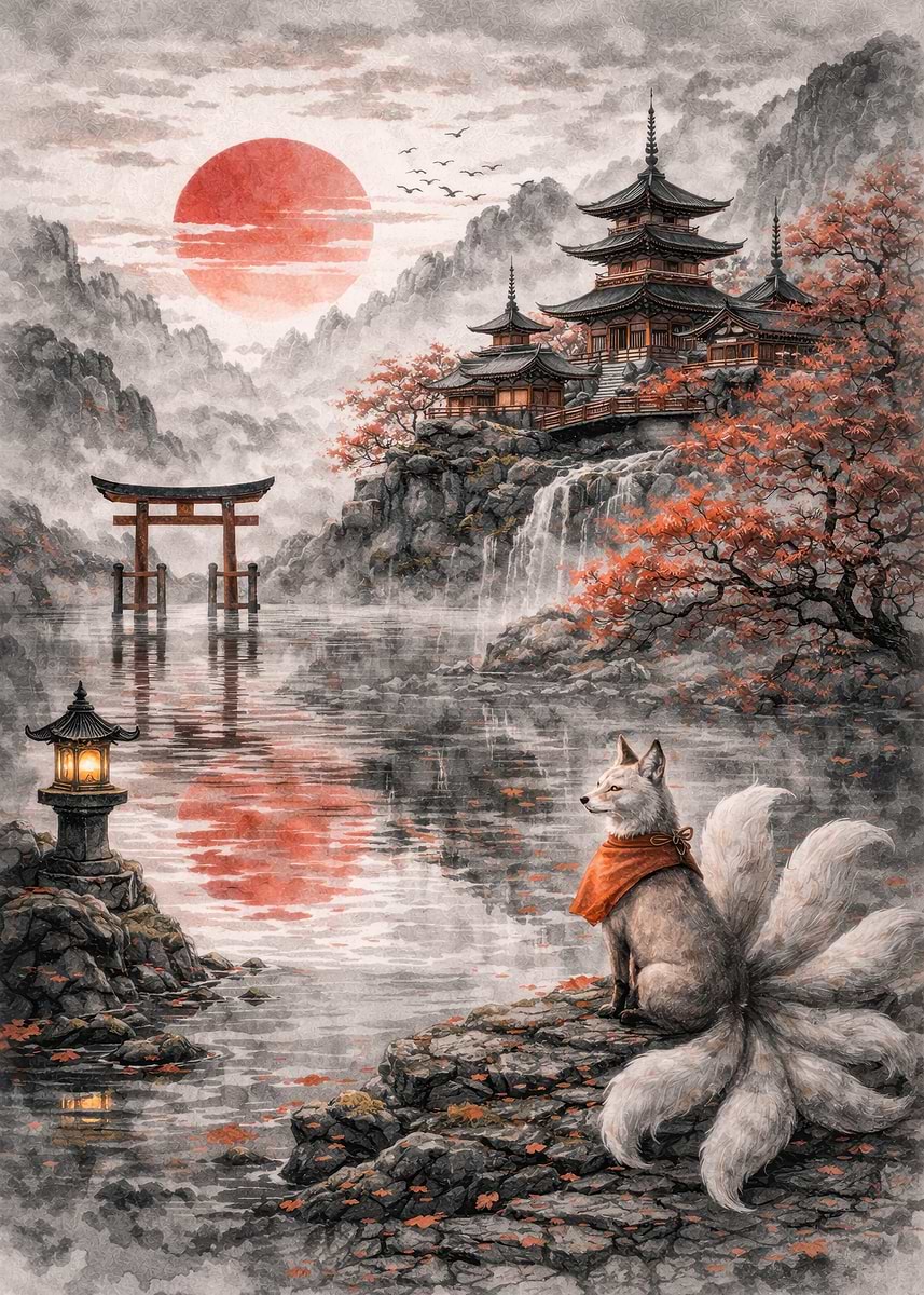 Nine-Tailed Fox by Japanese Temple' Poster, picture, metal print