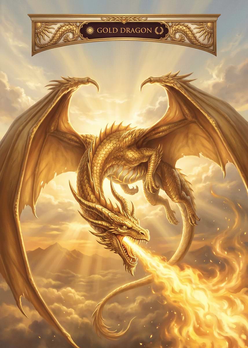 Golden Dragon Breathing Fire' Poster, picture, metal print, paint