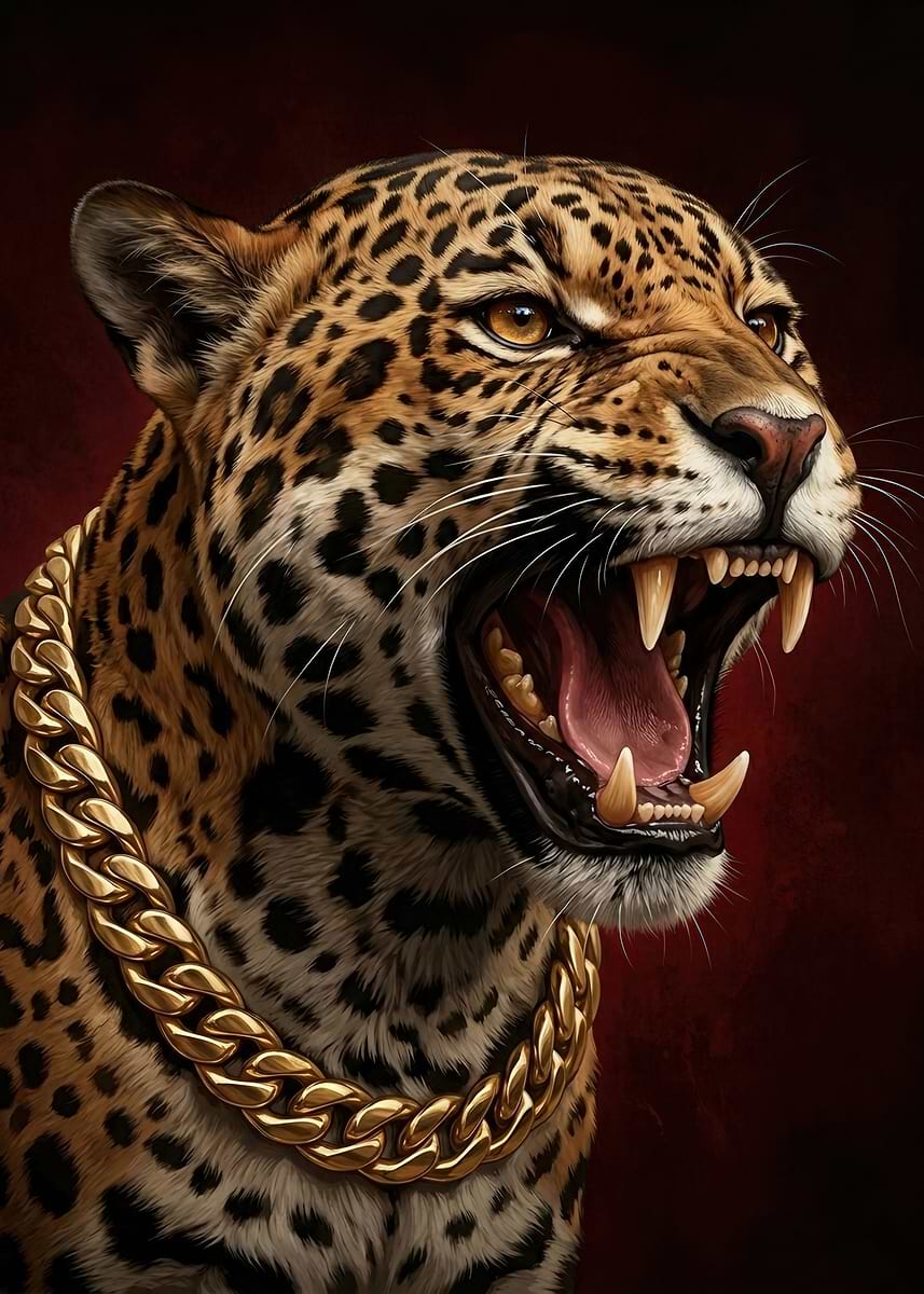Jaguar with Gold Chain Roaring' Poster, picture, metal print
