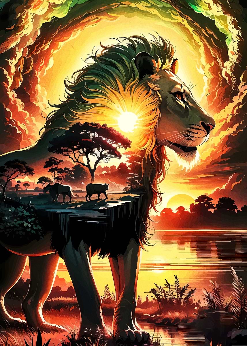 【 L出品 】 50×40cm size art Lion with African Sunset Landscape' Poster, picture, metal print