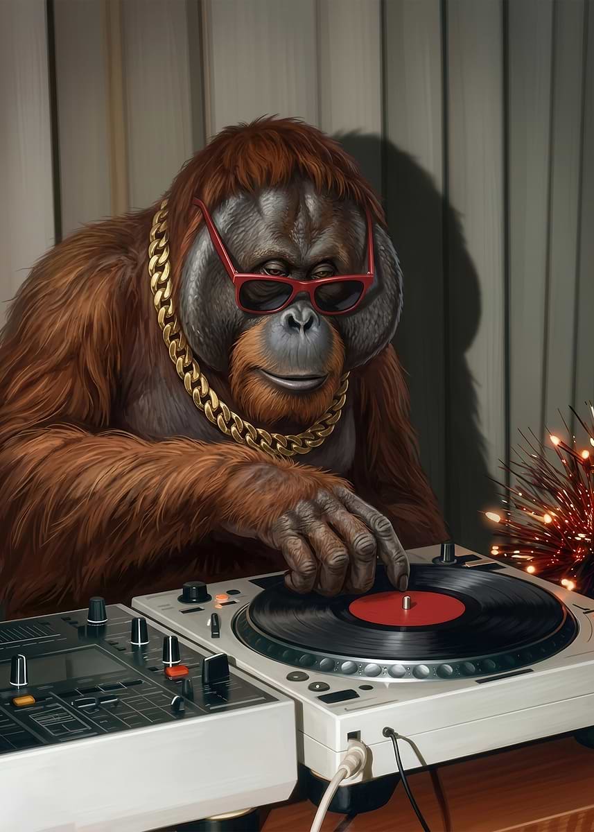 DJ Orangutan Spinning Records' Poster, picture, metal print, paint