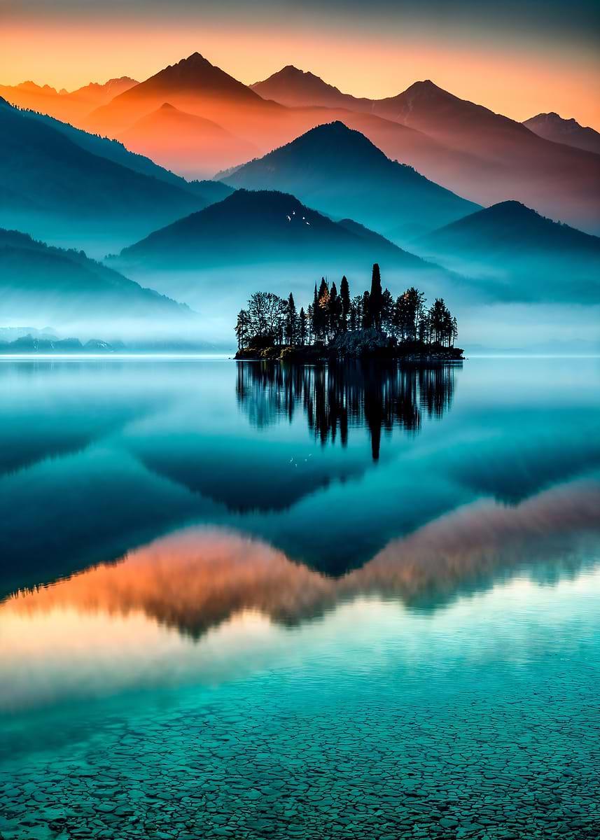 Sunrise over the Misty Mountain Lake — from the Sanctuaries Of Nature collection, a Pixaverse metal print