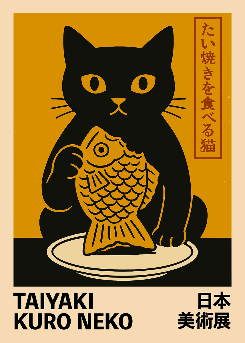 Black Cat Eating Taiyaki' Poster, picture, metal print, paint by