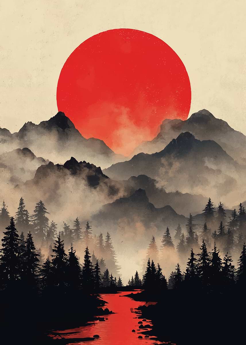 Misty Mountains and Red Sun' Poster, picture, metal print, paint
