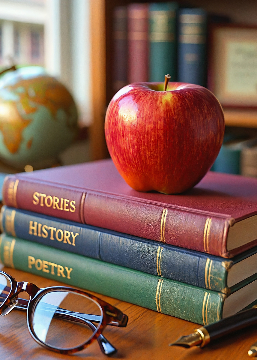 'Apple on Stack of Books' Poster, picture, metal print, paint by ...