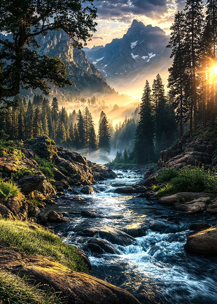 Misty Mountain River Sunrise — from the Sanctuaries Of Nature collection, a Pixaverse metal print